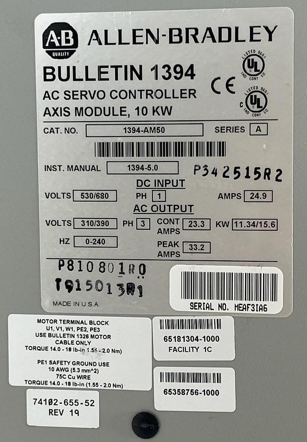 Used Allen-Bradley 1394-AM50 AC Servo Axis Module Ser A 10kW 530/680V 1PH 24.9A