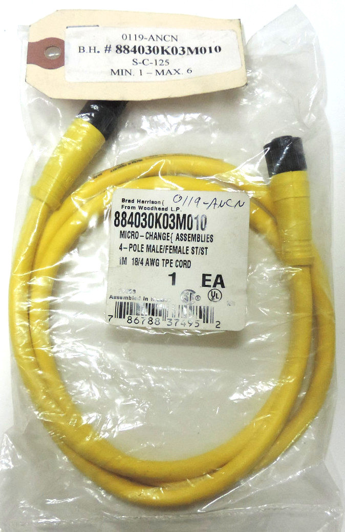 Used NEW BRAD HARRISON 884030K03M010 CORDSET 4POLE 1M 18/4 AWG TPE MALE/FEMALE