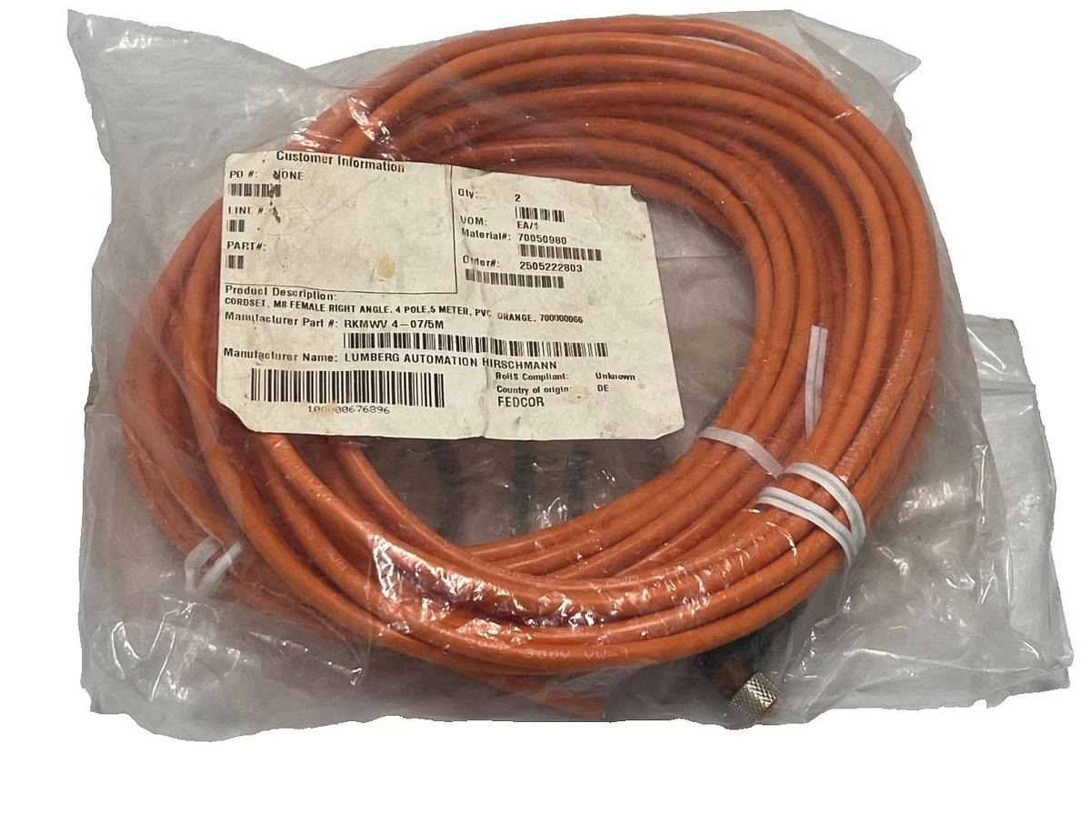 Used (2)Lumberg Automation RKMWV 4-07/5M M12 Cordset 4Pin Right Angle Female 5m Cable