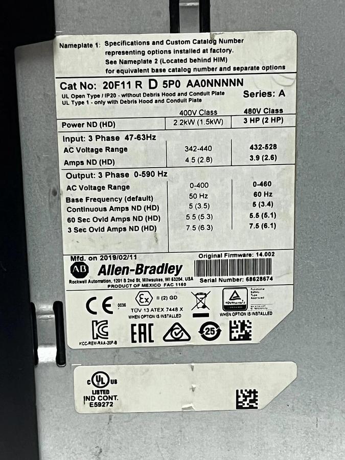Used Allen-Bradley PowerFlex 753 VFD 20F11RD5P0AA0NNNNN 3HP/2HP Frame 1 , w/ HIM