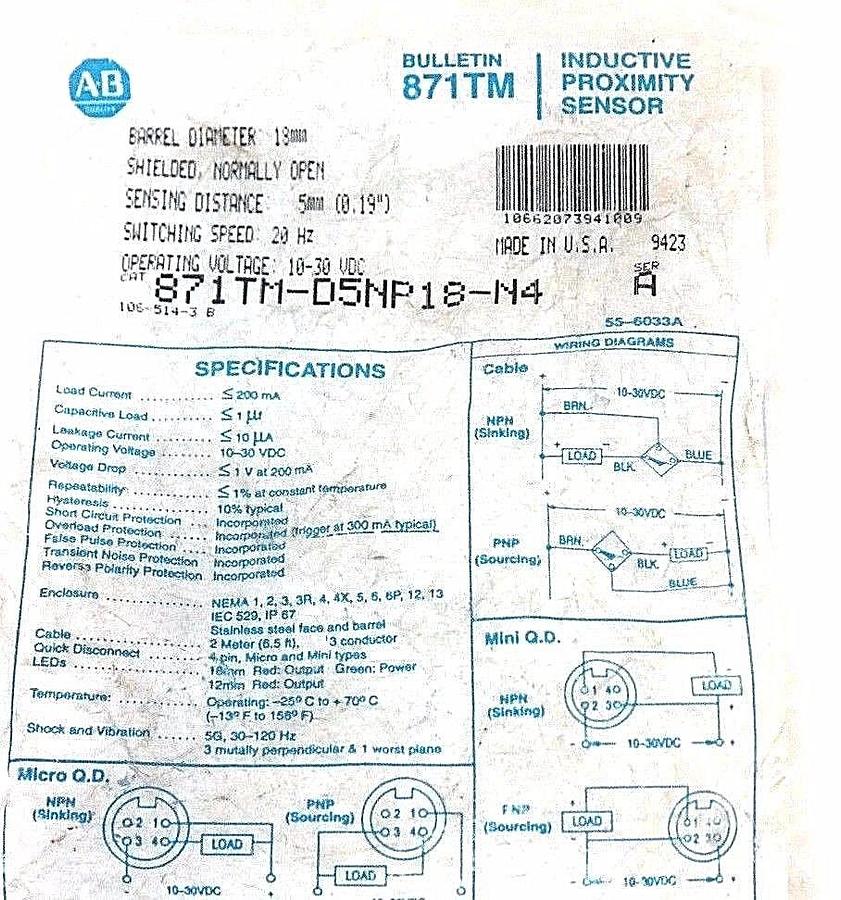 Used NIB ALLEN BRADLEY 871TM-D5NP18-N4 SER. A PROXIMITY SENSOR 871TMD5NP18N4
