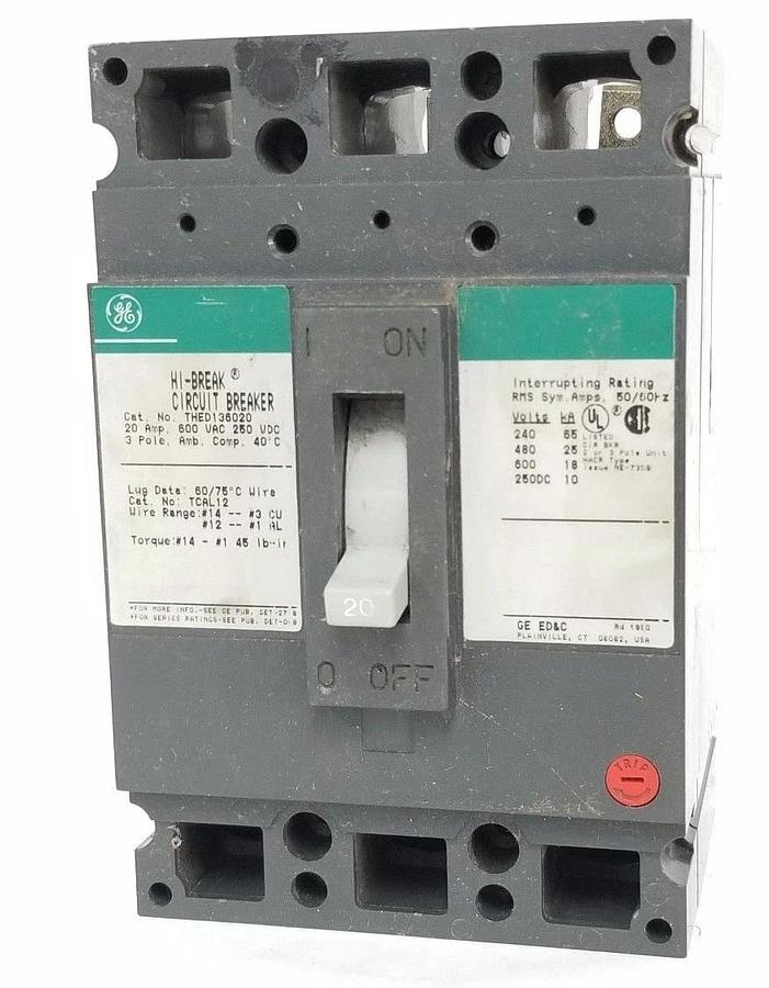 Used GENERAL ELECTRIC THED136020 HI BREAK CIRCUIT BREAKER 20 AMP, 600VAC, 3 POLE