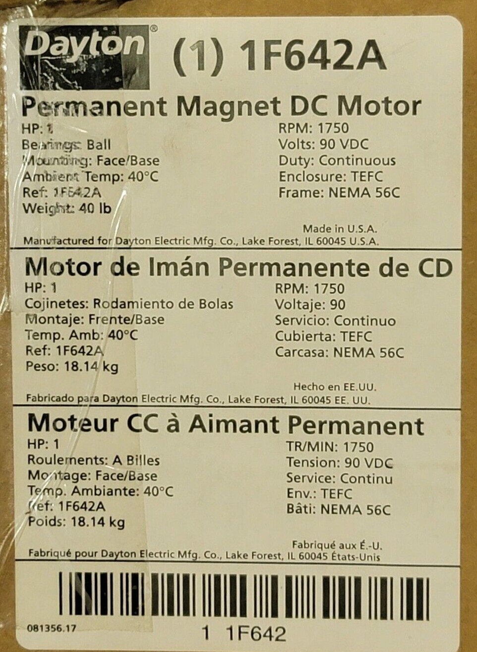 Used NEW DAYTON 1F642A 1HP PERMANENT MAGNET DC MOTOR 1750RPM FRAME: NEMA 56C TEFC
