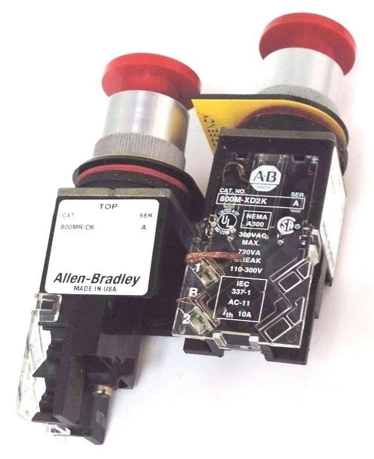 Used LOT OF 2 ALLEN BRADLEY 800MR-D6 PUSHBUTTONS SER. A W/ 800M-XD2K SER. A CONTACTS