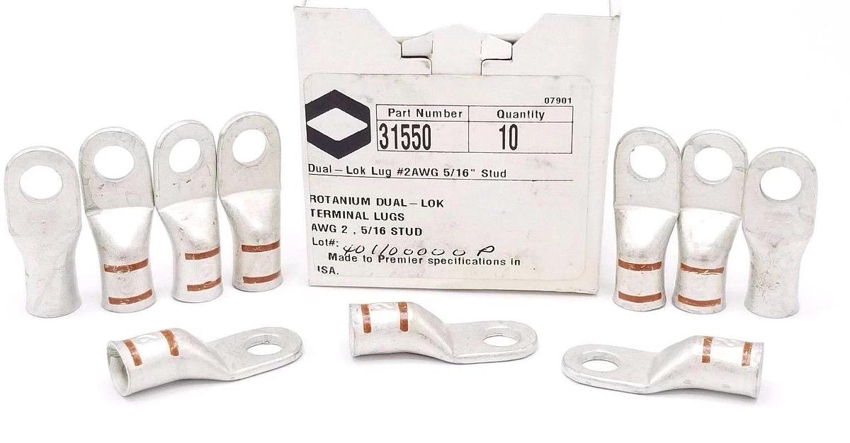 BOX OF 10 NEW ROTANIUM DUAL-LOK 31550 TERMINAL LUGS 5/16 STUD, AWG 2