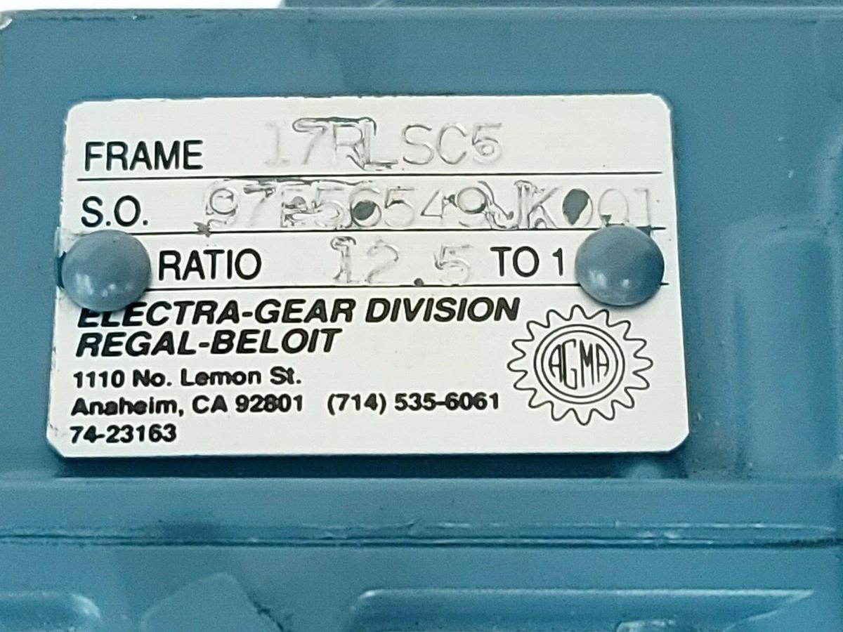 Used ELECTRA-GEAR 64-70003-07 FRAME 56C H.P. 0.5 RPM: 1725 W/ 17RLSC5 RATIO: 12.5/1