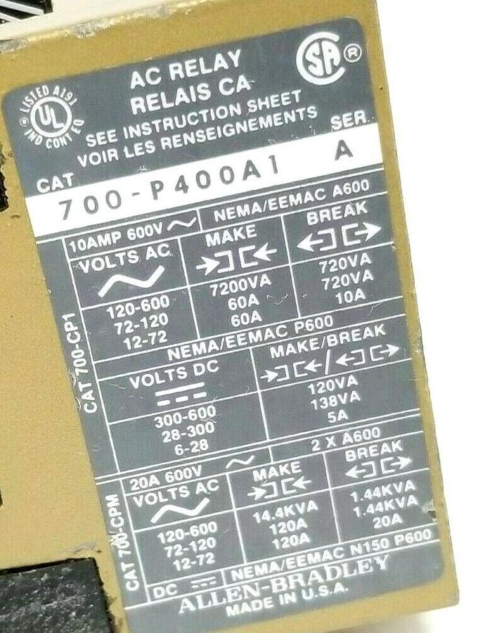 Used ALLEN BRADLEY 700-P400A1 AC RELAY SER. A, 700P400A1