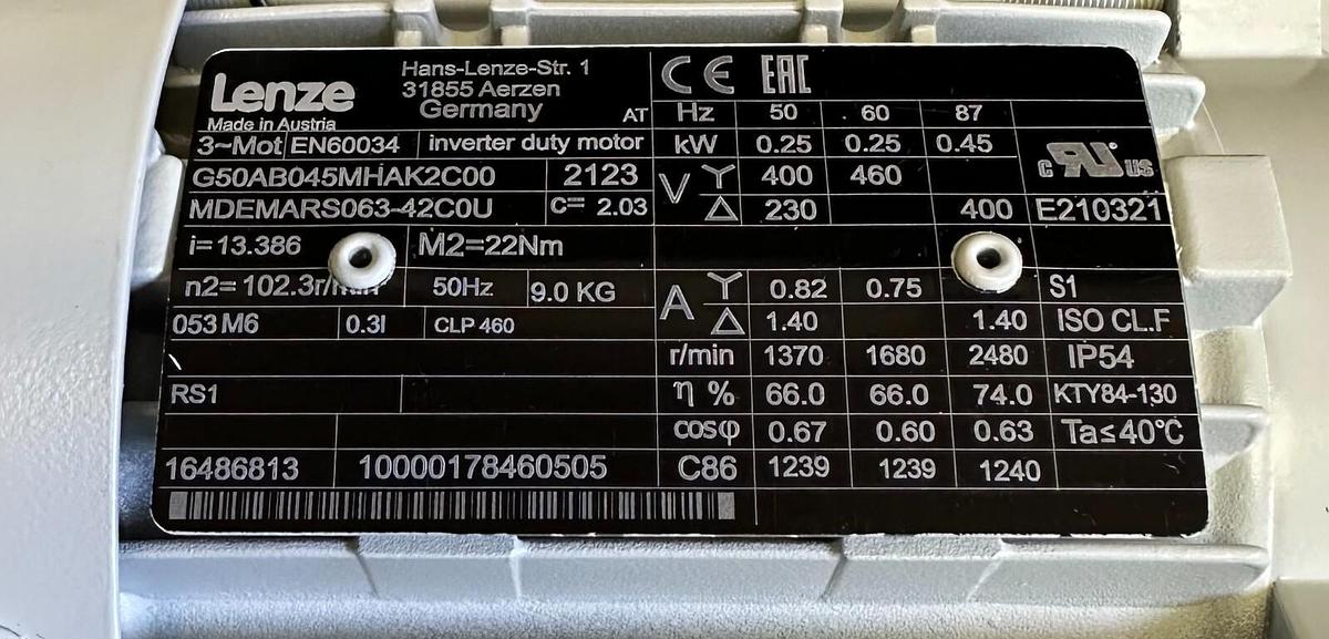 Used NEW LENZE MDEMARS063-42C0U / G50AB045MHAK2C00 AC GEAR MOTOR 16486813 2123