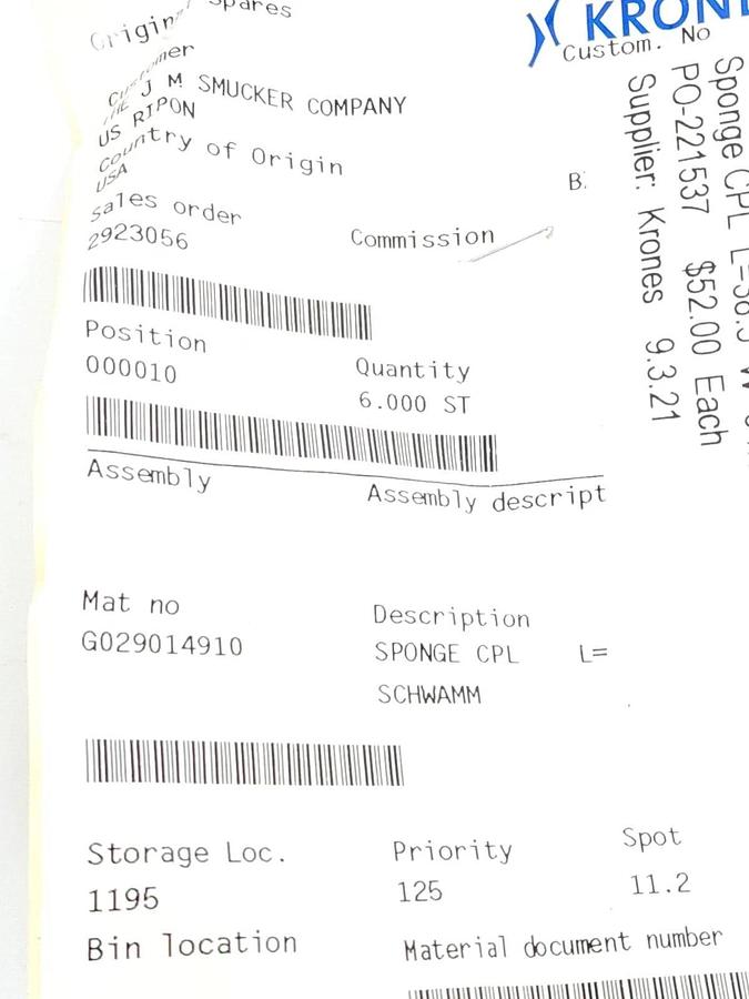 Used LOT OF 4 NEW KRONES G029014910 SPONGES CPL L=38.5 W=64.5