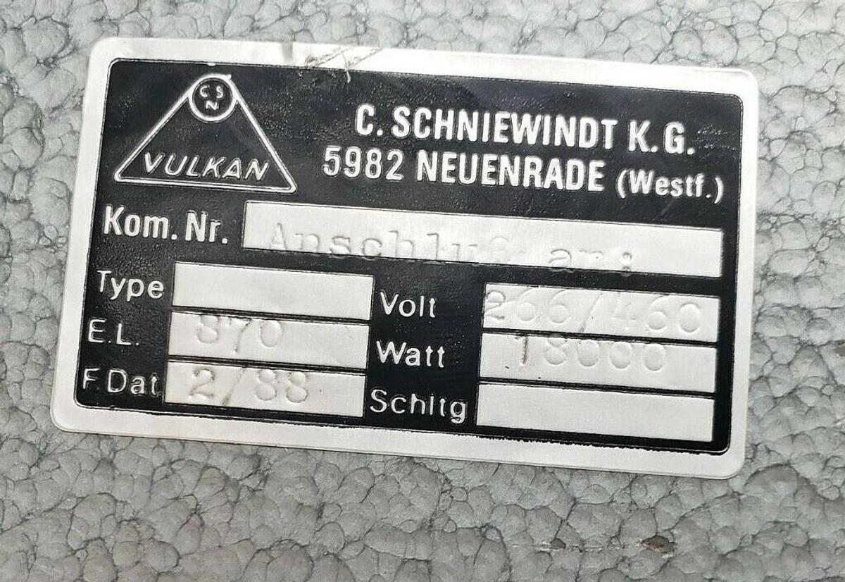 NEW SCHNIEWINDT VULKAN HEATER 266/460V 1800W E.L. 870 KOM. NR. ANSCHLUß AN