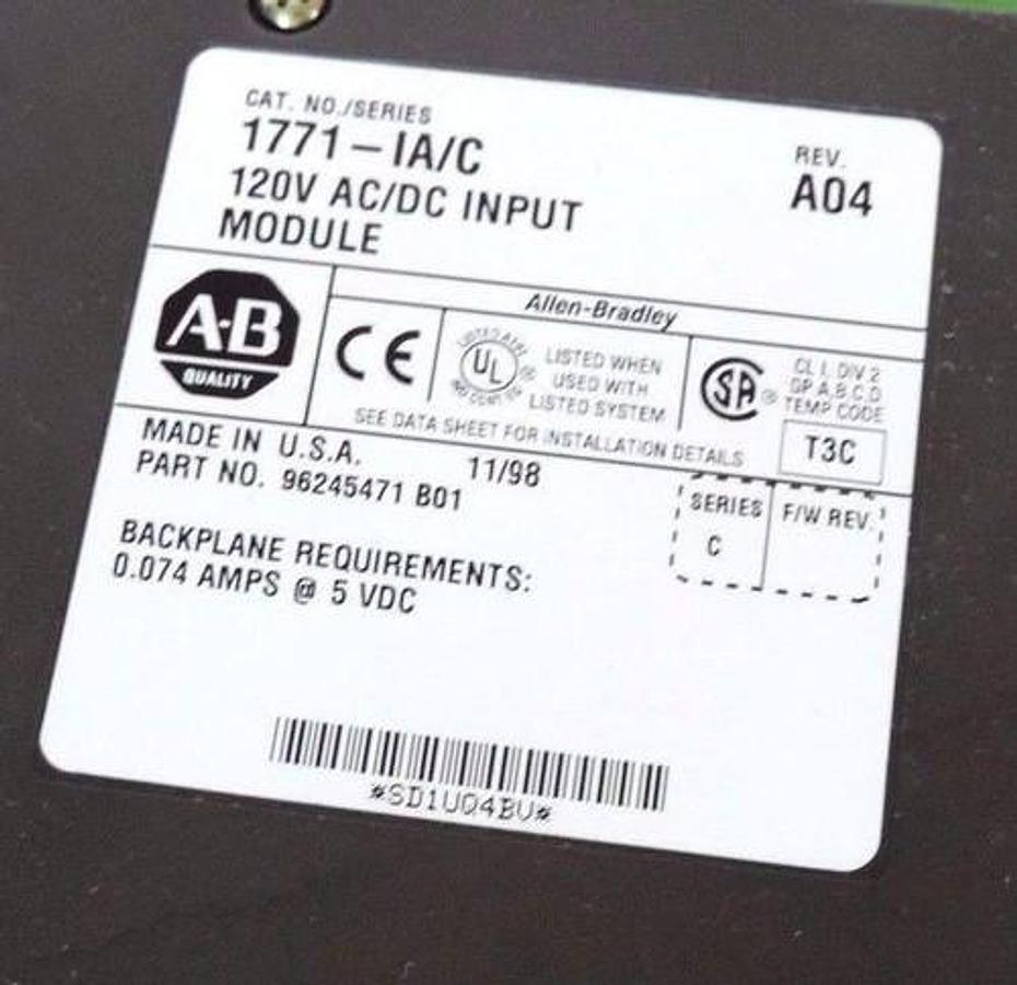 Used ALLEN BRADLEY 1771-IA/C 120V AC/DC INPUT MODULE REV. A04