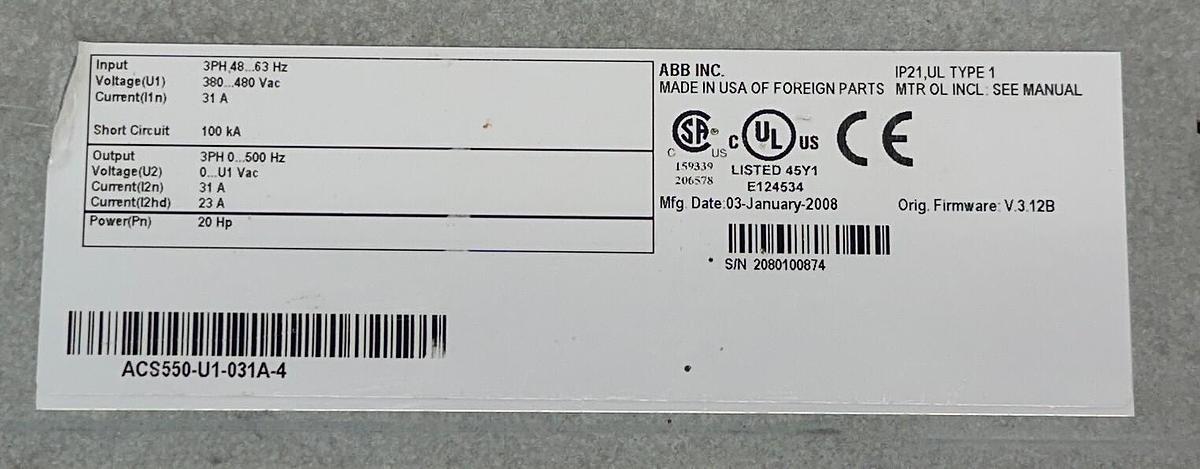 Used For Parts ABB ACS550-U1-031A-4 / ACS550U1031A4 ACS550 SERIES DRIVE 20HP 380-480V