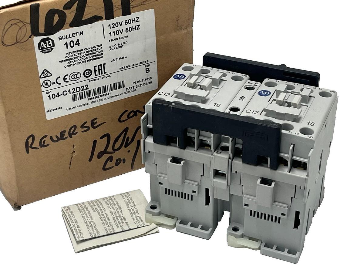 Used Allen-Bradley 104-C12D22 Ser B IEC Reversing Contactor 12A 110/120V AC Coil NSMP