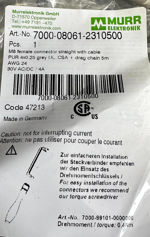 Used 2 NEW MURR ELEKTRONIK 7000-08061-2310500 / 7000080612310500 M8 FEMALE CORDSETS