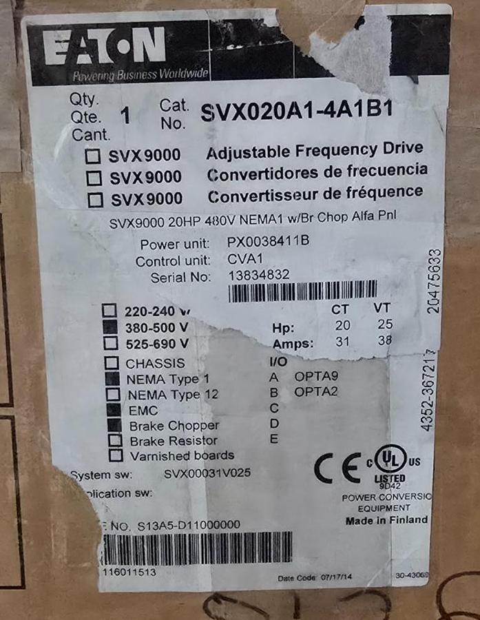 Used Eaton SVX020A1-4A1B1 SVX9000 AC VFD Variable Frequency Drive 3Ph 480V 20 HP NSMP