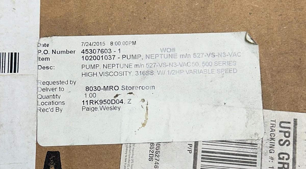 Used NEPTUNE 547-VS-N3 SERIES 500-VS HYDRAULIC METERING PUMP 29GPH@100PSI NSMP