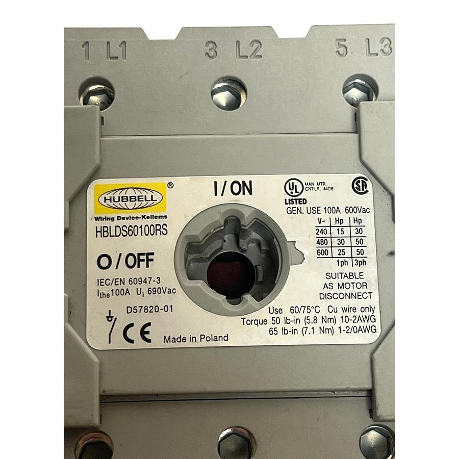 Used HUBBELL HBLDS60100RS CIRCUIT-LOCK REPLACEMENT SWITCH 60/100A 600VAC