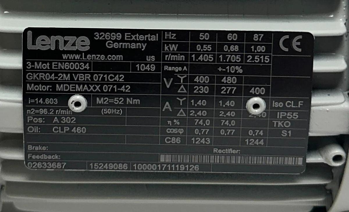 LENZE GKR04-2M VBR 071C42 / MDEMAXX 071-42 GEARMOTOR 3PH GEARBOX 15249086 NSNP