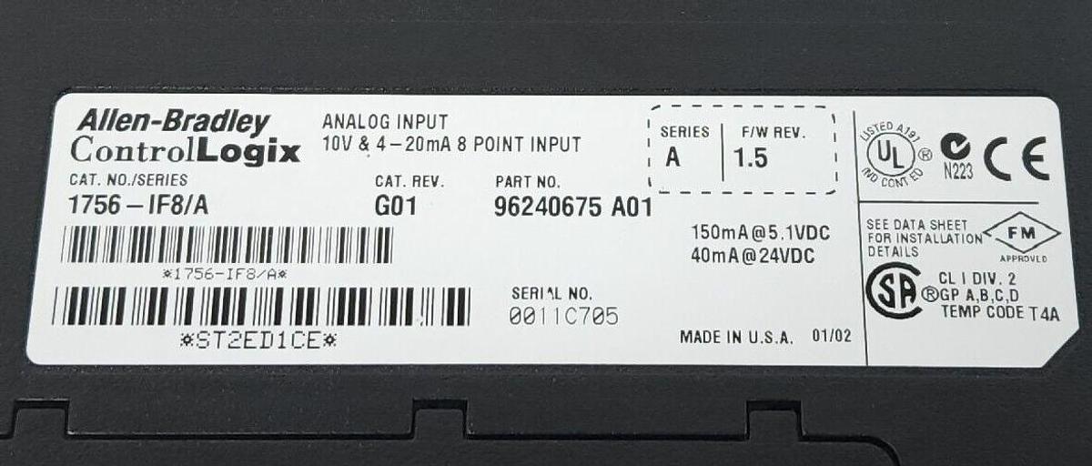 Used ALLEN BRADLEY 1756-IF8 /A CAT. REV. G01 F/W REV. 1.5 SER. A I/O MODULE
