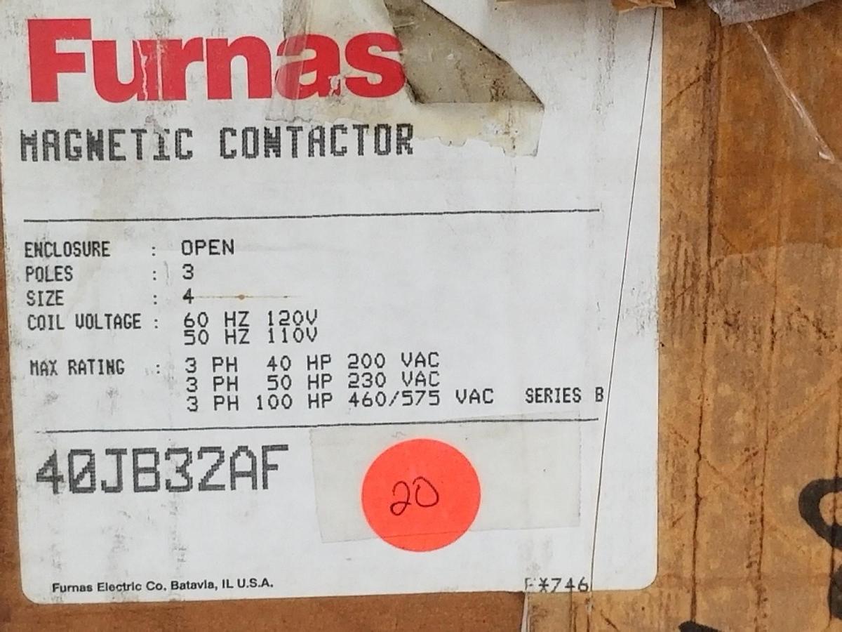 Used NIB FURNAS 40JB32AF MAGNETIC CONTACTOR SIZE: 4, POLES 3