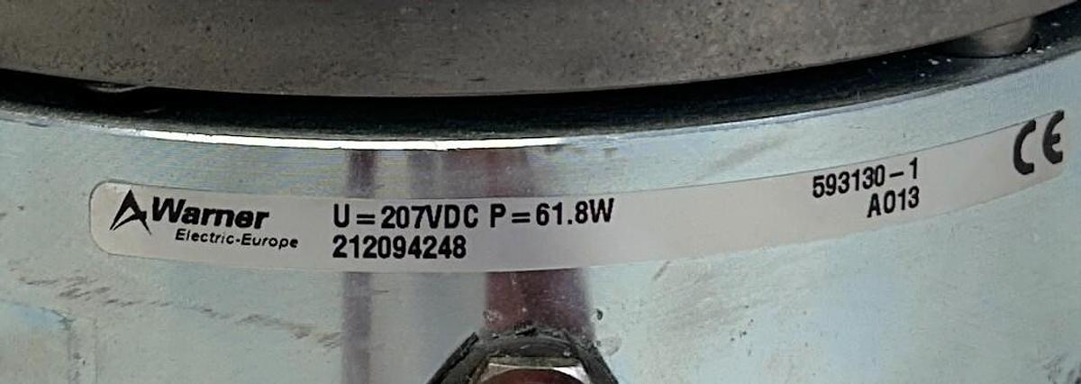 Used WARNER ELECTRIC 212094248 / 593130-1 ELECTROMAGNETIC BRAKE U=207VDC P=61.8W USNP
