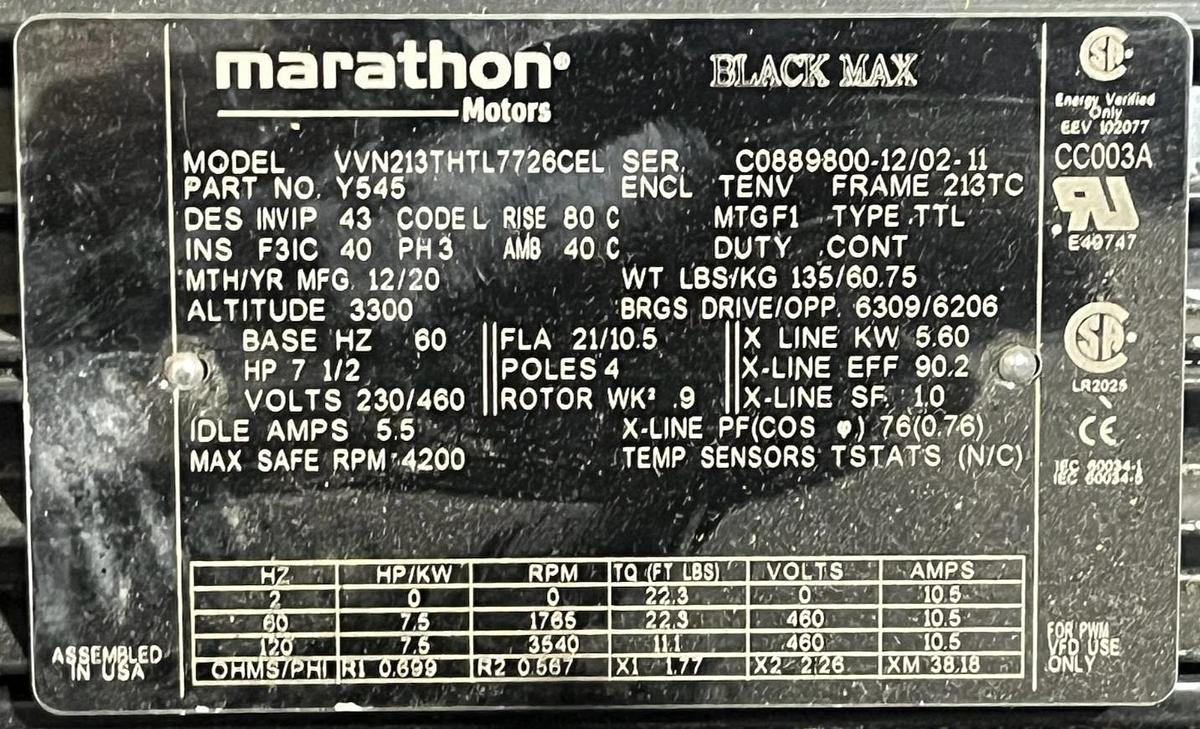 Marathon VVN213THTL7726CEL Y545 Black Max 7.5HP Inverter Duty Motor 3PH 213TC