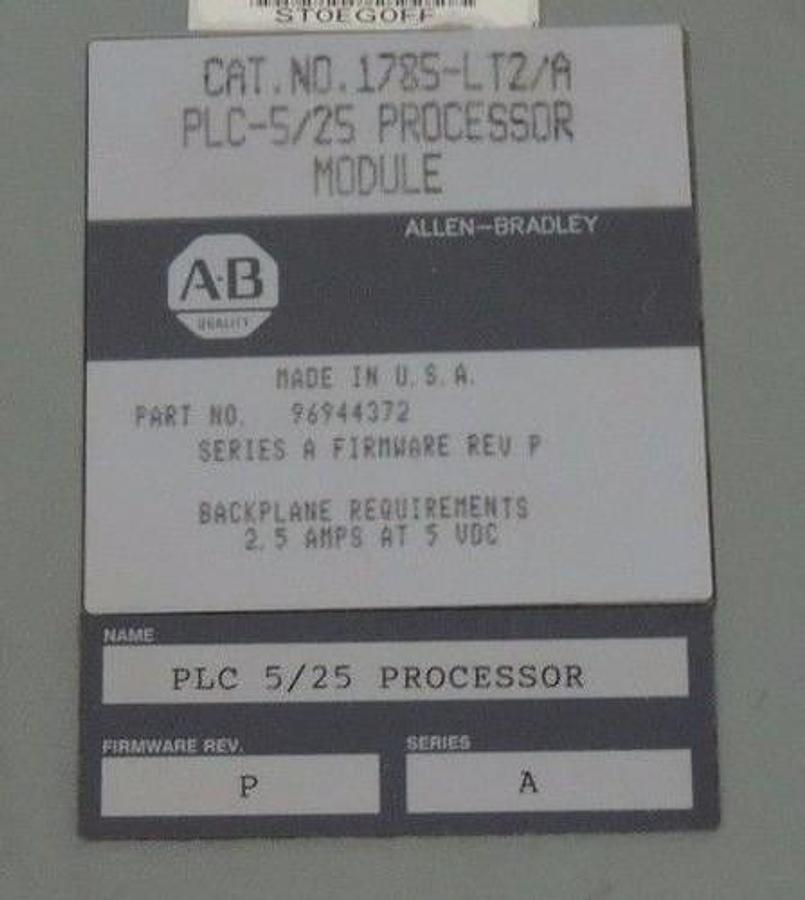 Used ALLEN BRADLEY 1785-LT2/A PROCESSOR MODULE SER A F/W REV P P/N 96944372 1785LT2