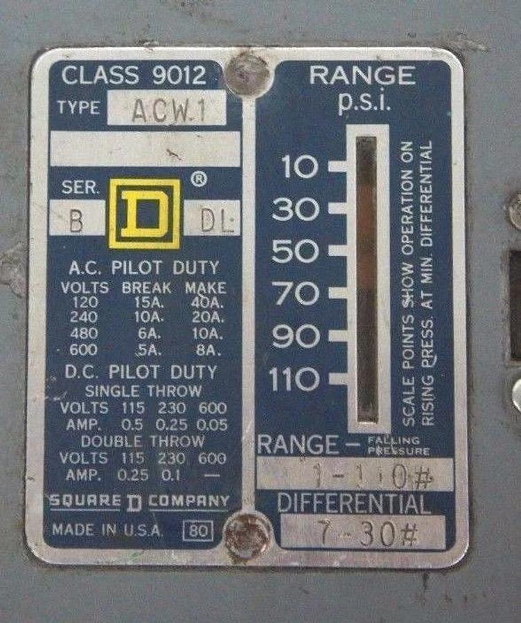 Used SQUARE D 9012-ACW1 SER. B PRESSURE SWITCH 9012ACW1