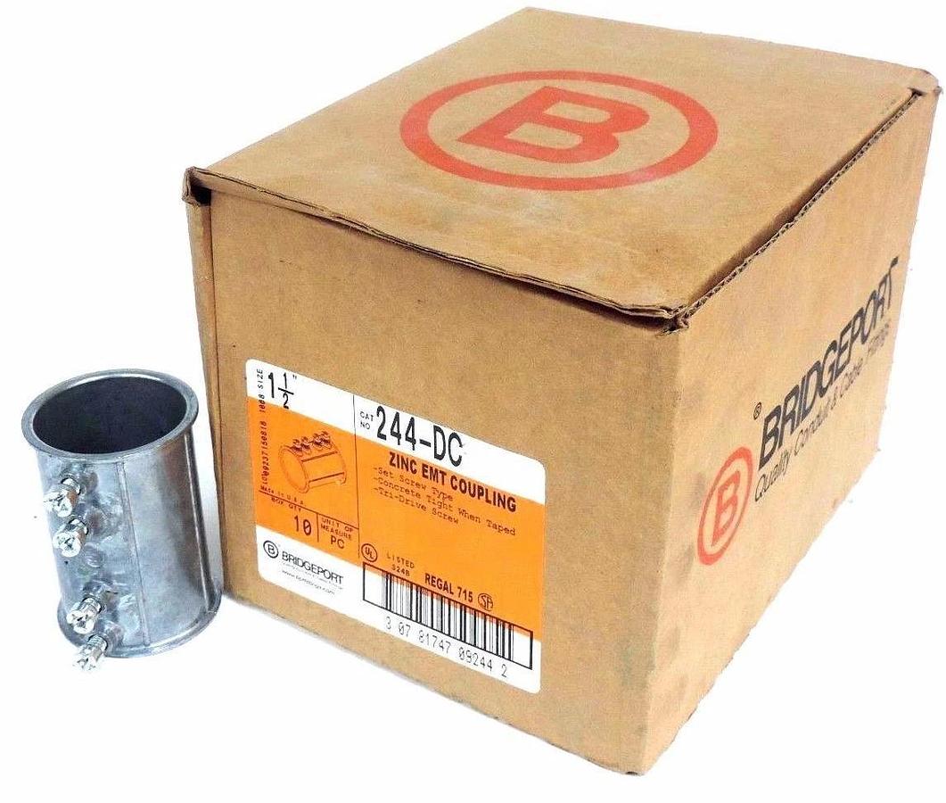 Used BOX OF 10 NEW BRIDGEPORT 244-DC 1 1/2" ZINC EMT COUPLINGS 244DC