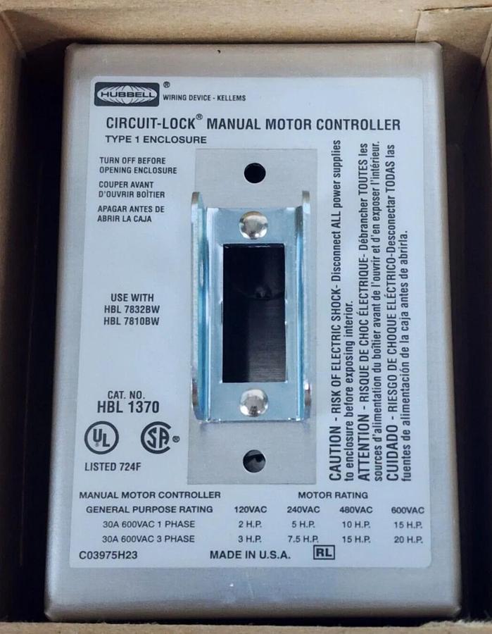 Used NIB HUBBELL HBL1370 MANUAL MOTOR CONTROLLERS SWITCH ENCLOSURE