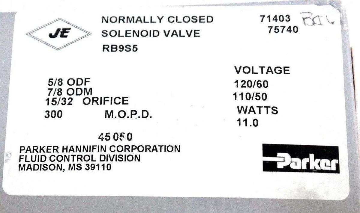 Used NIB PARKER RB9S5 GENERAL PURPOSE VALVE COIL: R-23, M.O.P.D. 300, 15/32 ORIFICE