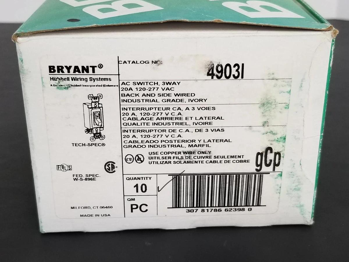 Used BOX OF 8 NEW BRYANT 4903-I 3-WAY AC SWITCHES 20A 120-277VAC IVORY 4903I