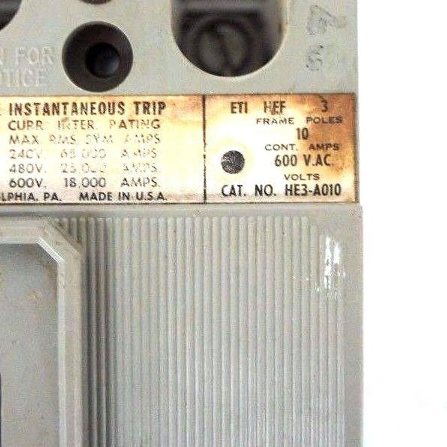 Used ITE SIEMENS HE3-A010 CIRCUIT BREAKER 10AMP 3POLE 600VAC