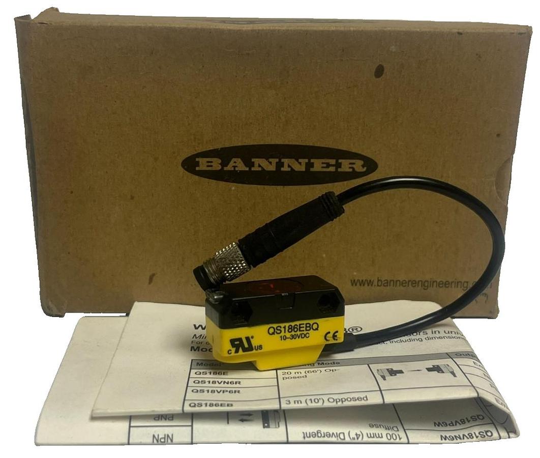 Used BANNER QS186EBQ Photoelectric Sensor Diffuse Mode 18mm Barrel 6" Range M12 NPN