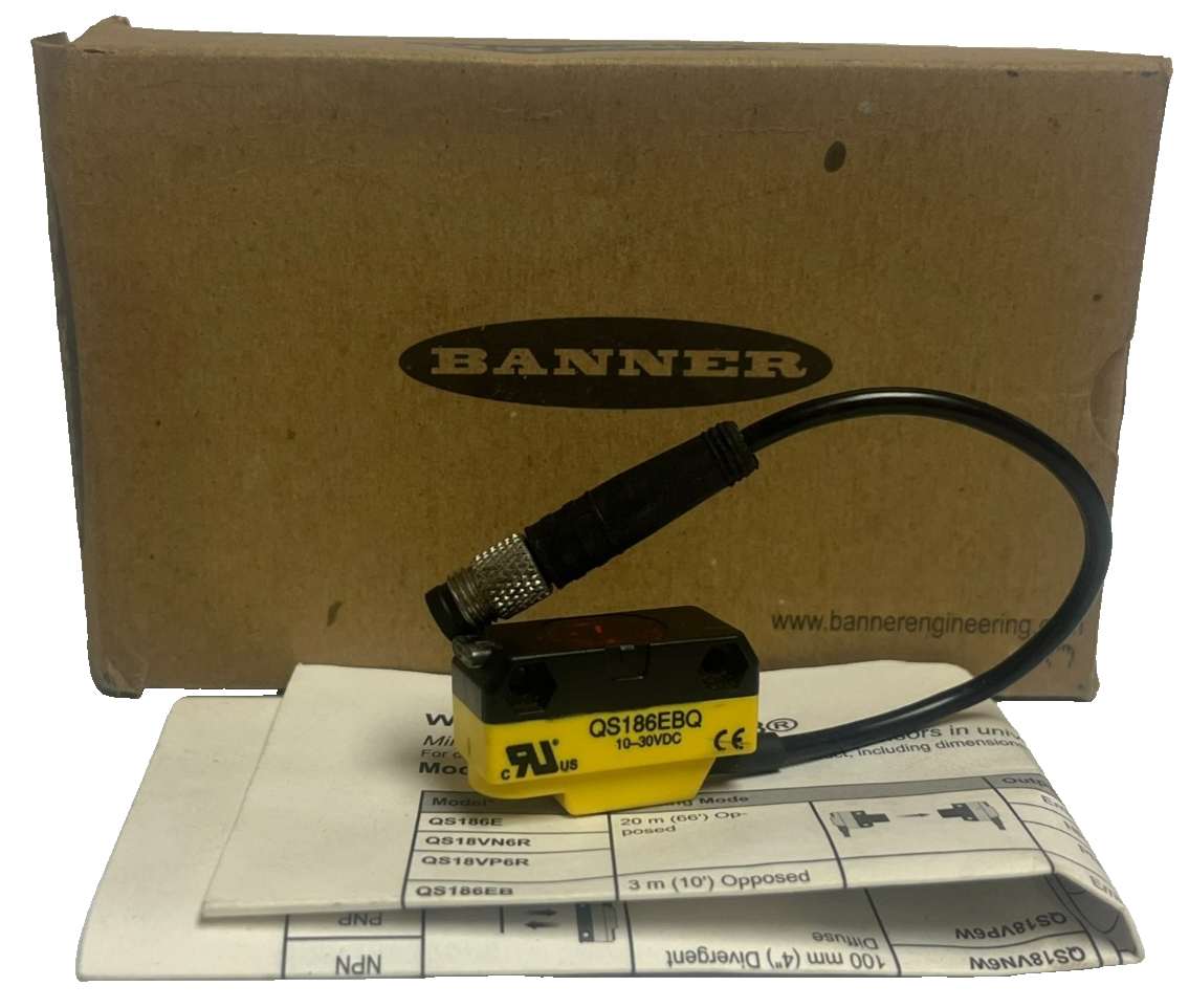Used BANNER QS186EBQ Photoelectric Sensor Diffuse Mode 18mm Barrel 6" Range M12 NPN