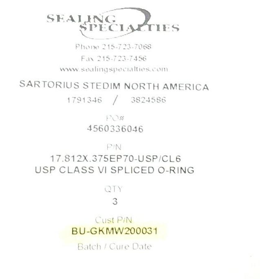 Used LOT OF 3 NEW SARTORIUS BU-GKMW200031 SPLICED O-RINGS 17.812 X .375 EP70-USP/CL6