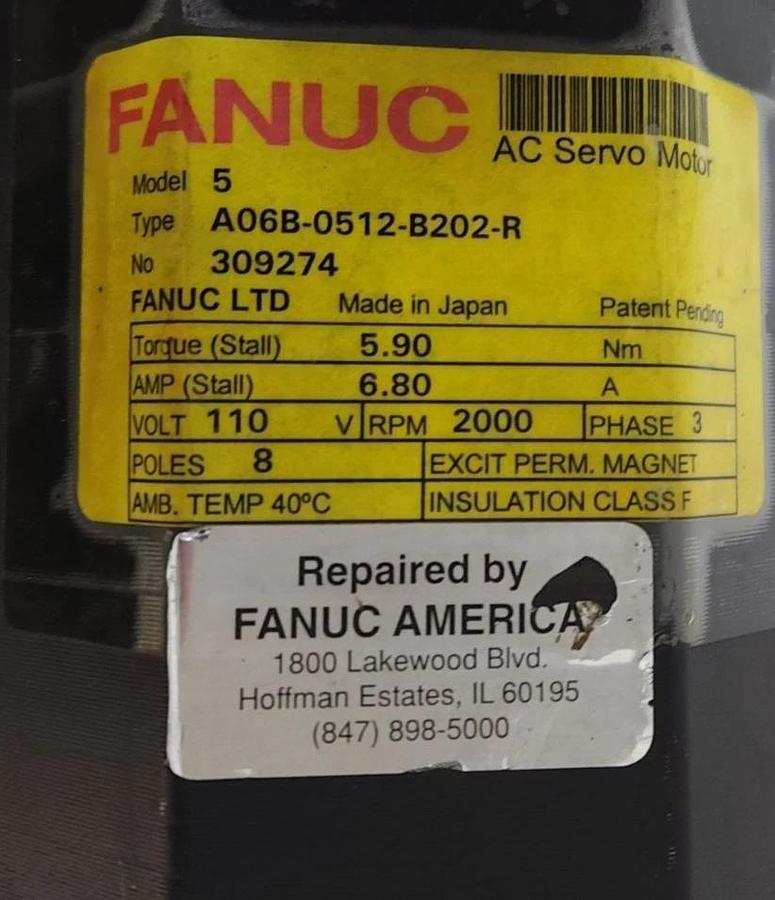 Refurbished REPAIRED FANUC A06B-0512-B202 / A06B0512B202 AC SERVO MOTOR 5.9Nm MODEL 5 309274