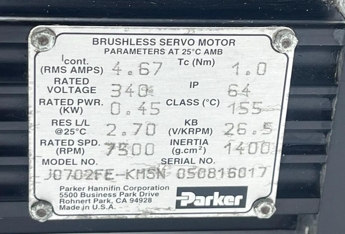 Used PARKER J0702FE-KMSN Servo Motor w/ PS90-010-SH Gearhead 10:1 Ratio 115V AC