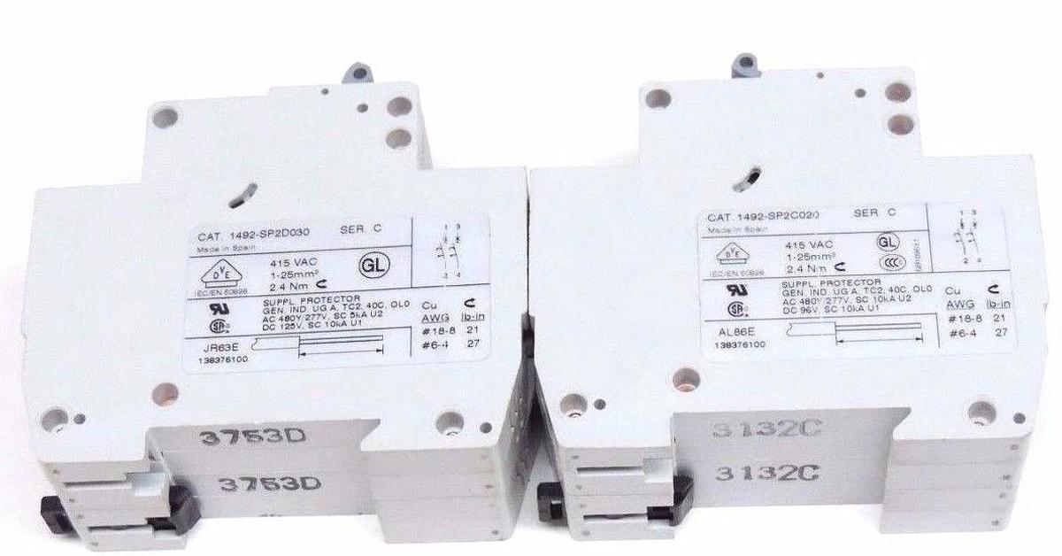 Used LOT OF 2 ALLEN BRADLEY 1492-SP2C020 & 1492-SP2D030 CIRCUIT BREAKERS SER. C