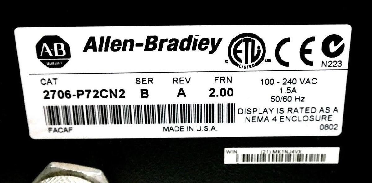 Used ALLEN BRADLEY 2706-P72CN2 SER. B REV. A FRN. 2.00 MESSAGE DISPLAY 2706P72CN2