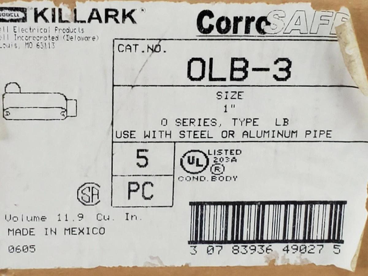BOX OF 5 NEW KILLARK OLB-3, O SERIES TYPE LB CONDUIT BODIES ALUMINUM 1IN