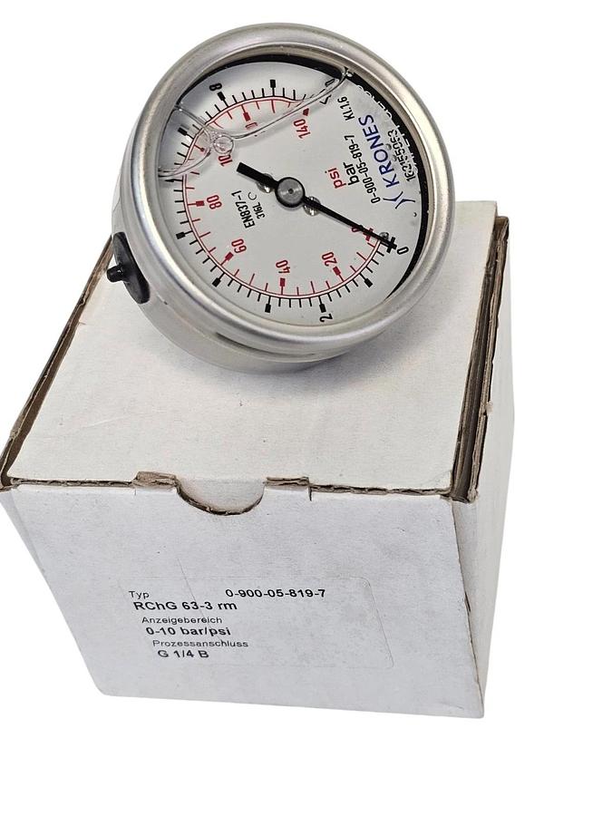 NIB KRONES 0-900-05-819-7 PRESSURE GAUGE 0-10BAR 0-140PSI 1/4" MALE CENTER BACK