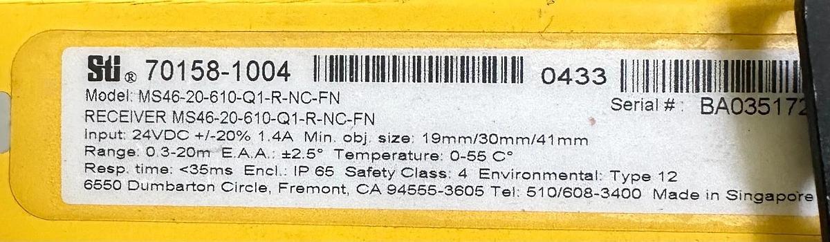 Used STI 70157-1004 / 70158-1004 24'' LIGHT CURTAIN TRANSMITTER / RECEIVER 4600 MS46