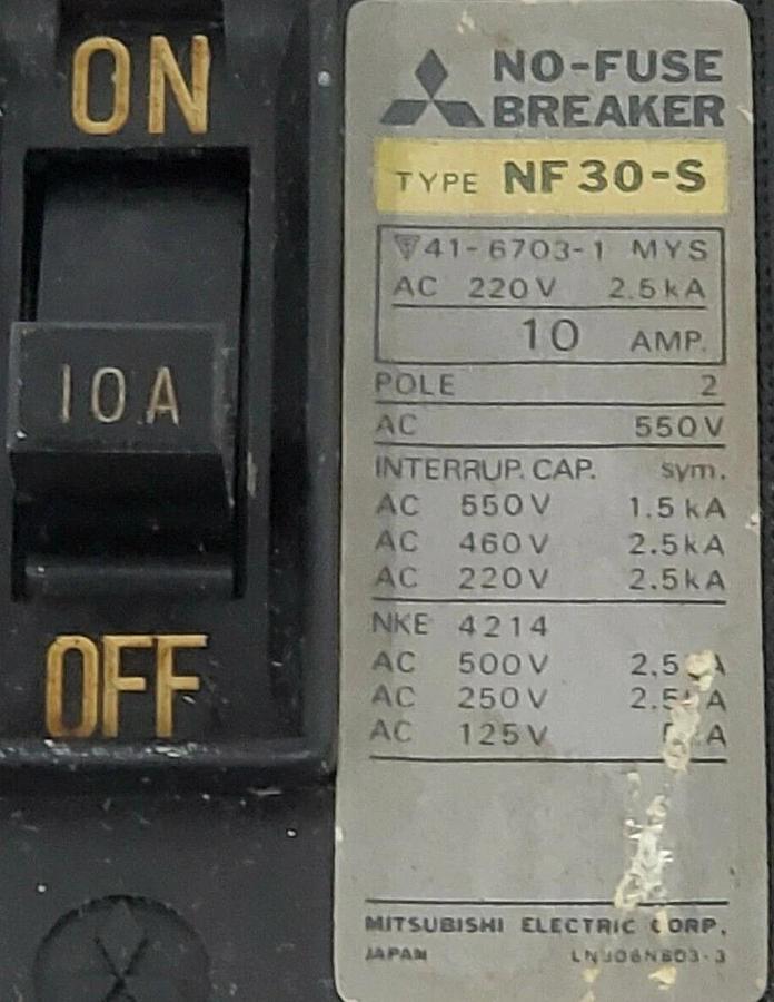 Used MITSUBISHI ELECTRIC NF30-S NO-FUSE CIRCUIT BREAKER 2-POLE 10AMP, NF30S