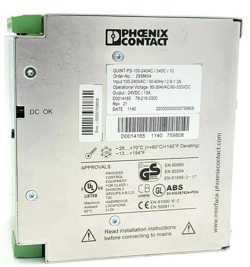 Used PHOENIX CONTACT QUINT-PS-100-240AC/24DC/10 POWER SUPPLY ORDER NO. 2938604