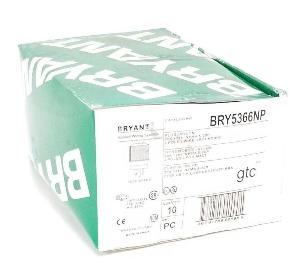 Used BOX OF 10 NEW BRYANT BRY5366NP NYLON PLUGS 20A, 125V NEMA 5-20P, 2P, 3W, GRD
