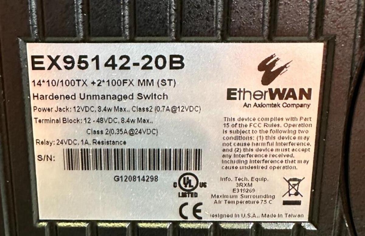 Used NEW EtherWAN EX95142-20B / EX9514220B HARDENED UNMANAGED SWITCH 16-PORT 10/100TX