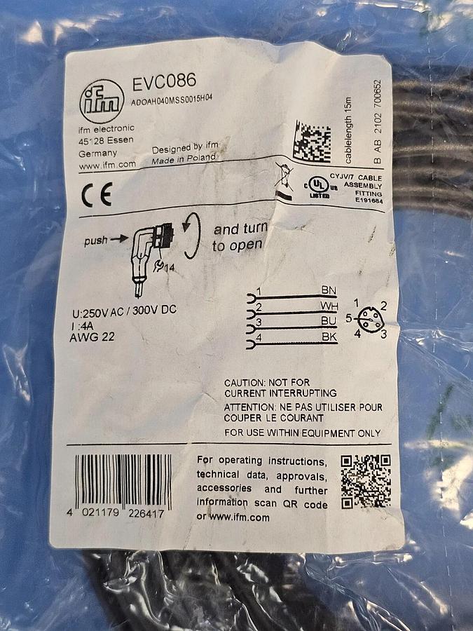 Used NEW IFM EFECTOR ADOAH040MSS0015H04 CONNECTING CABLE WITH SOCKET EVC086