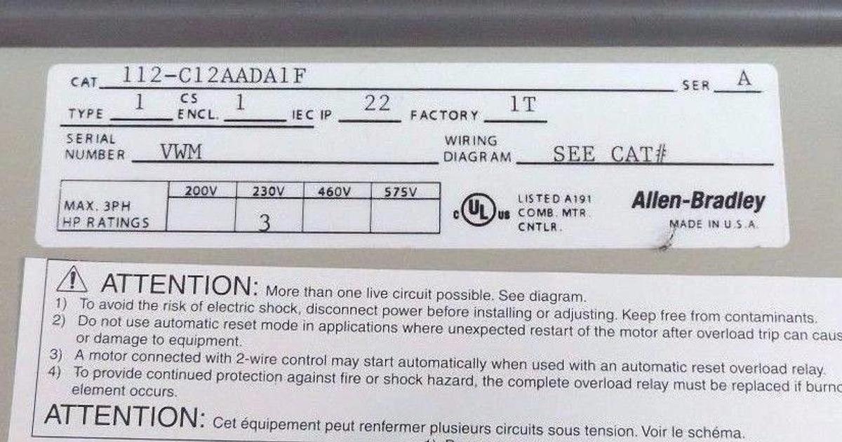 ALLEN BRADLEY 112-C12AADA1F COMBINATION STARTER 100-C12*10 CONTACTOR, 193-EA1FB