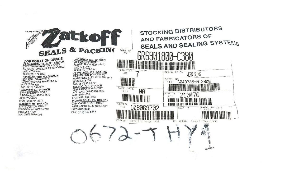 LOT OF 7 NEW ZATKOFF GR6901800-C380 WEAR RINGS GR6901800C380